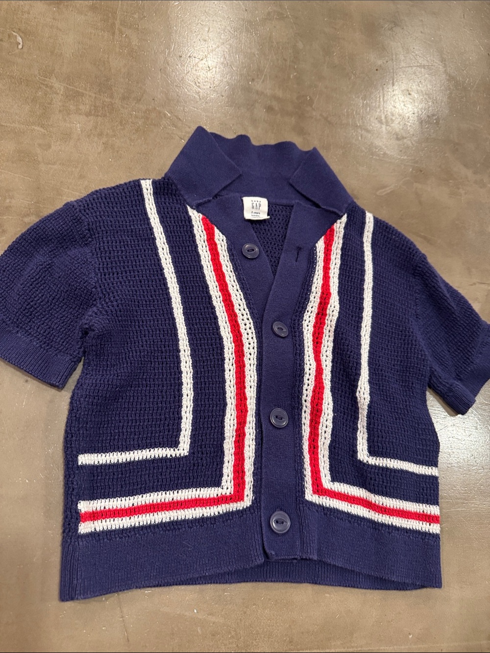 Navy Knit Short-Sleeve Cardigan with Red & White Stripes